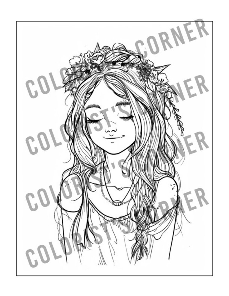 Puede incluir: Un dibujo en blanco y negro de una mujer con el pelo largo, que lleva una corona de flores y una blusa sencilla. Tiene los ojos cerrados y una expresi&oacute;n de paz.