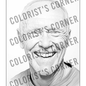 May include: Black and white pencil drawing of a man with a beard and moustache smiling. He is wearing a t-shirt.