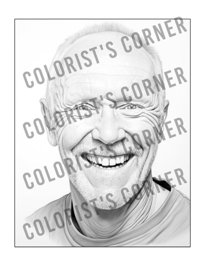 May include: Black and white pencil drawing of a man with a beard and moustache smiling. He is wearing a t-shirt.