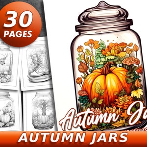 30 Pages Autumn Jars Coloring Book Halloween Adult Coloring Pages, Instant Download, Grayscale Coloring Book, Printable PDF File