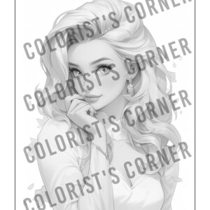 Peut inclure: Une illustration en noir et blanc d'une femme aux cheveux longs et flottants. Elle porte une robe blanche et a une d&eacute;licate boucle d'oreille &agrave; l'oreille. L'image est dans un style simple et &eacute;l&eacute;gant.