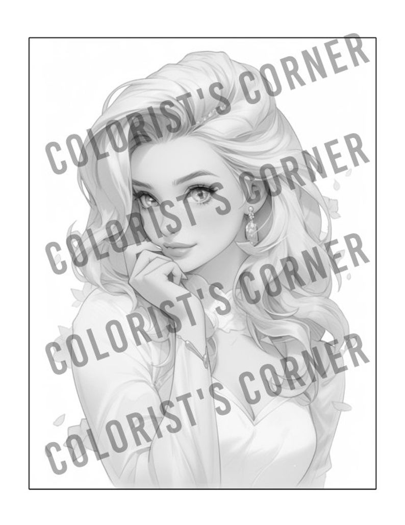 Peut inclure: Une illustration en noir et blanc d'une femme aux cheveux longs et flottants. Elle porte une robe blanche et a une d&eacute;licate boucle d'oreille &agrave; l'oreille. L'image est dans un style simple et &eacute;l&eacute;gant.