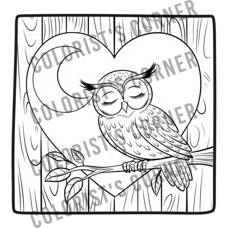 Op de afbeelding: Een zwart-witte lijntekening van een uil met zijn ogen dicht, die op een tak zit in een hartvormig frame. Het frame is gemaakt van houten planken.