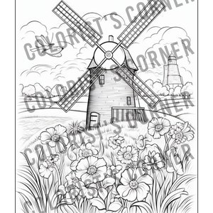 May include: A black and white line drawing of a windmill with a small building next to it. The windmill is surrounded by flowers and grass. There is a dragonfly flying in the sky above the windmill.