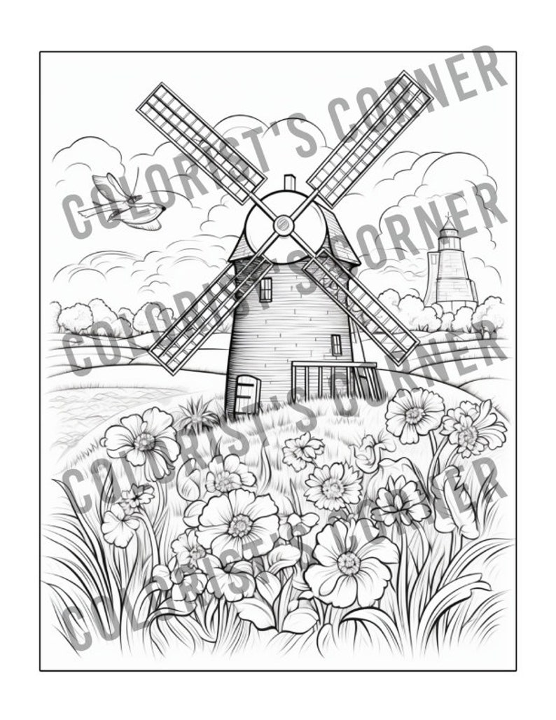 May include: A black and white line drawing of a windmill with a small building next to it. The windmill is surrounded by flowers and grass. There is a dragonfly flying in the sky above the windmill.
