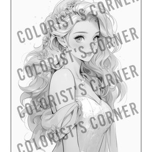 Peut inclure: Illustration en noir et blanc d'une femme aux cheveux longs et flottants et une couronne de fleurs. Elle porte une robe sans bretelles avec une jupe fluide. L'image est dans un style simple et &eacute;l&eacute;gant.