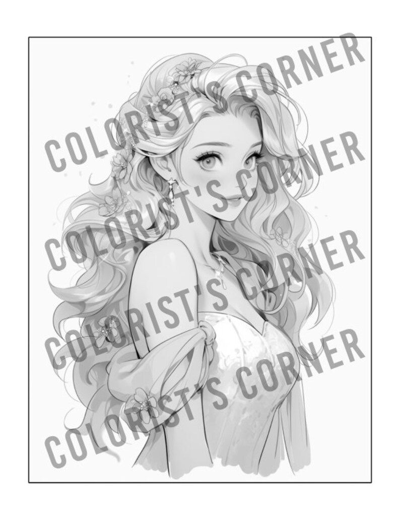 Peut inclure: Illustration en noir et blanc d'une femme aux cheveux longs et flottants et une couronne de fleurs. Elle porte une robe sans bretelles avec une jupe fluide. L'image est dans un style simple et &eacute;l&eacute;gant.