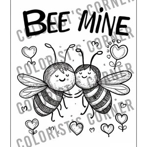 Op de afbeelding: Zwart-wit illustratie van twee lachende bijen die elkaars hand vasthouden, met de tekst "BEE MINE" erboven. Harten en bloemen zijn verspreid rond de bijen. De afbeelding is ontworpen om in te kleuren.