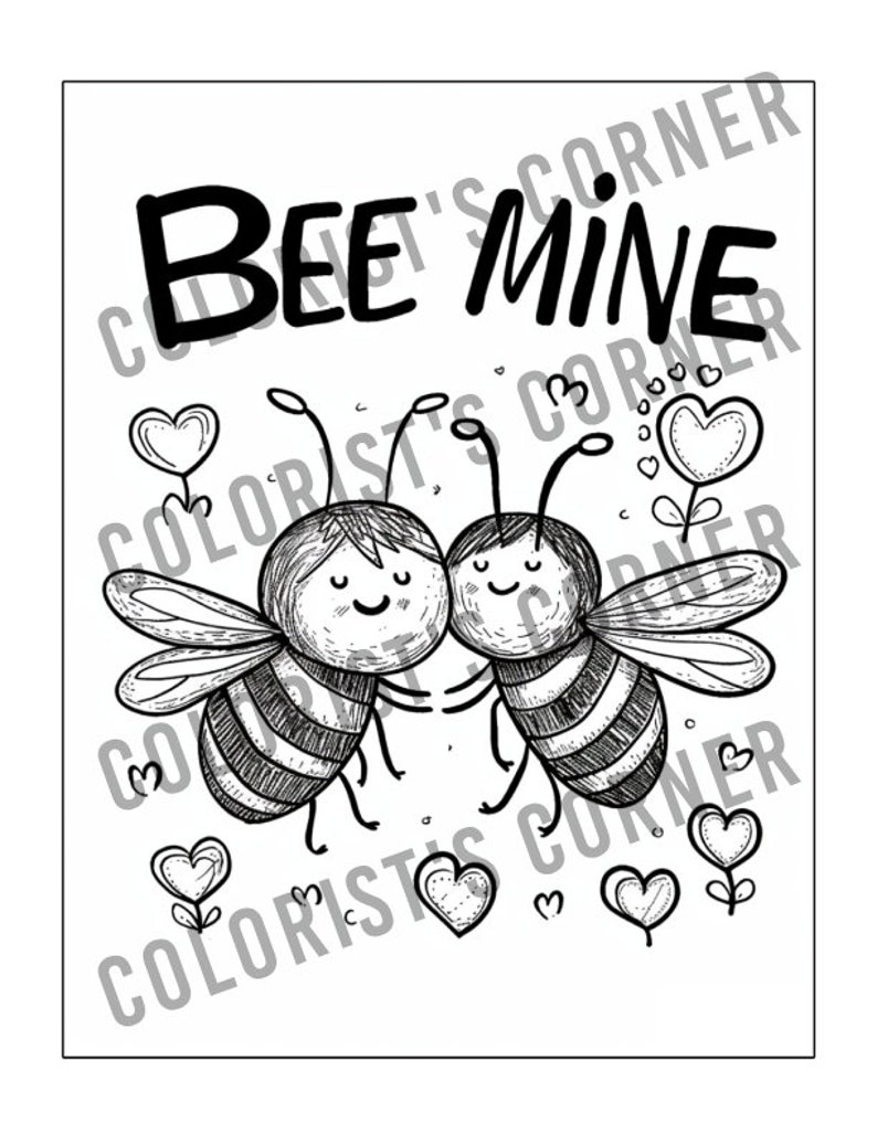Op de afbeelding: Zwart-wit illustratie van twee lachende bijen die elkaars hand vasthouden, met de tekst "BEE MINE" erboven. Harten en bloemen zijn verspreid rond de bijen. De afbeelding is ontworpen om in te kleuren.