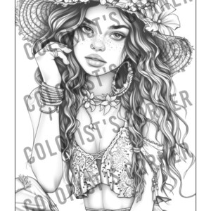 May include: A black and white illustration of a woman with long, wavy hair wearing a large straw hat with flowers. She is wearing a floral top and denim shorts.