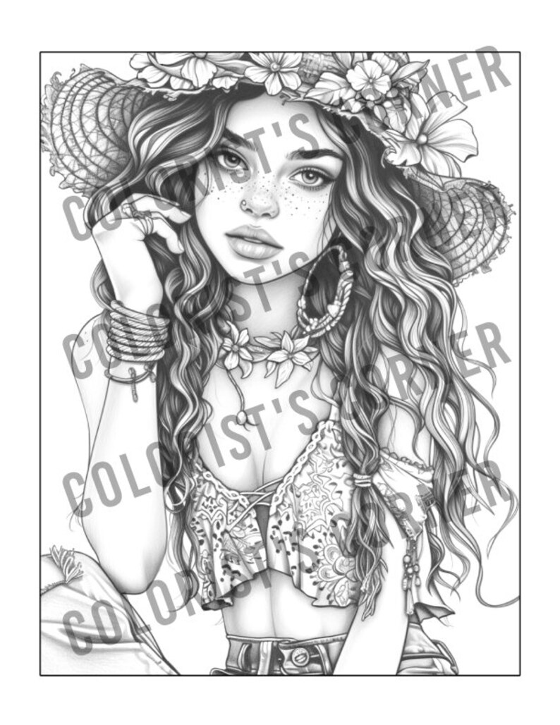 May include: A black and white illustration of a woman with long, wavy hair wearing a large straw hat with flowers. She is wearing a floral top and denim shorts.