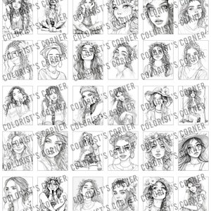 May include: A set of 16 black and white colouring pages featuring illustrations of women with long hair wearing floral crowns, hats, and other accessories. The illustrations are in a whimsical style and would be perfect for adults or children who enjoy colouring.