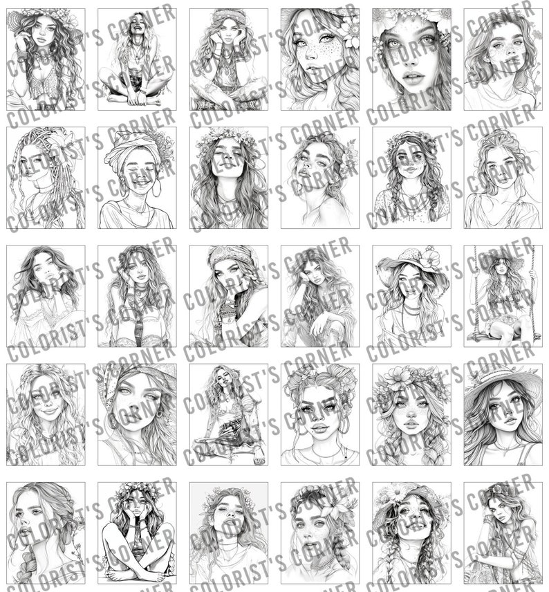 May include: A set of 16 black and white colouring pages featuring illustrations of women with long hair wearing floral crowns, hats, and other accessories. The illustrations are in a whimsical style and would be perfect for adults or children who enjoy colouring.