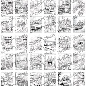 May include: A set of 25 black and white colouring pages featuring various scenes of a farmhouse, including a porch swing, a truck, a fireplace, a bookshelf, and a kitchen.