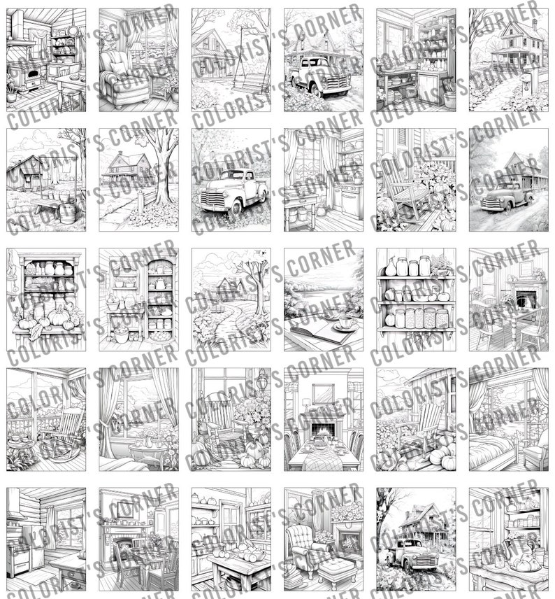 May include: A set of 25 black and white colouring pages featuring various scenes of a farmhouse, including a porch swing, a truck, a fireplace, a bookshelf, and a kitchen.