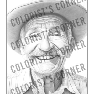 May include: A black and white pencil drawing of an older man with a wide smile, wearing a hat. He has wrinkles around his eyes and mouth, and his hair is grey. He is wearing a button-down shirt.