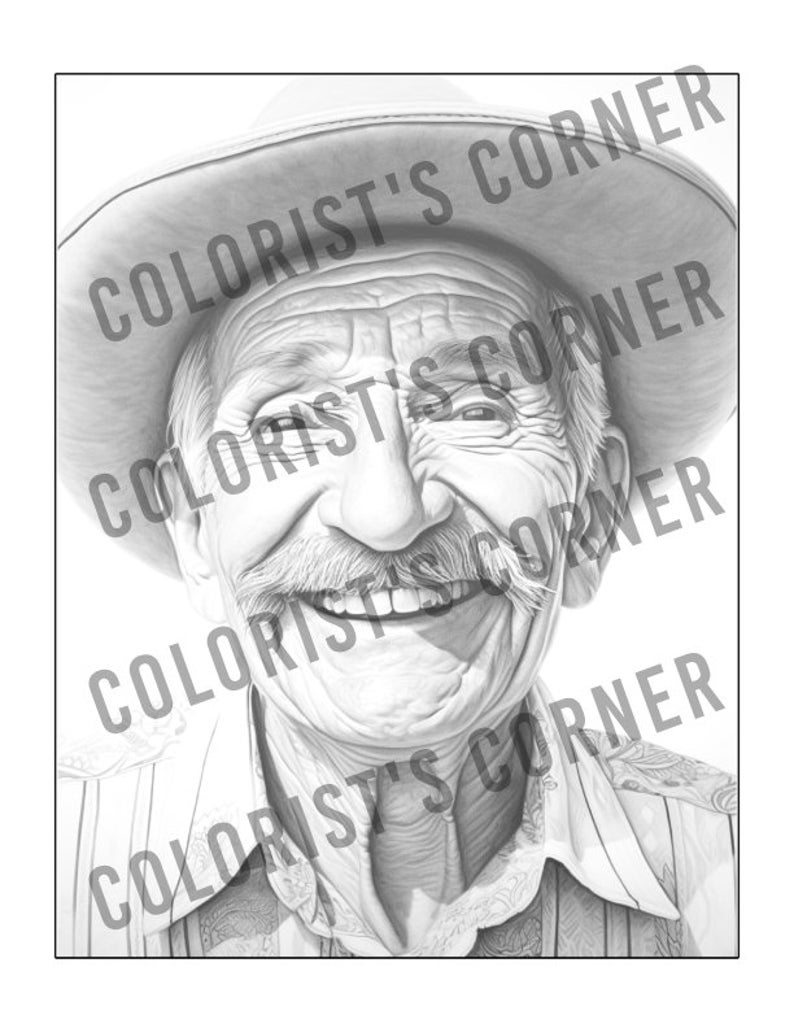 May include: A black and white pencil drawing of an older man with a wide smile, wearing a hat. He has wrinkles around his eyes and mouth, and his hair is grey. He is wearing a button-down shirt.