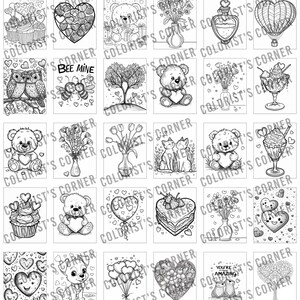 Op de afbeelding: Een verzameling zwart-wit kleurplaten met verschillende Valentijnsdag- en liefdesthema-illustraties. Ontwerpen omvatten harten, teddyberen, bloemen, cupcakes en de tekst "BEE MINE" en "YOU'RE AMAZING".