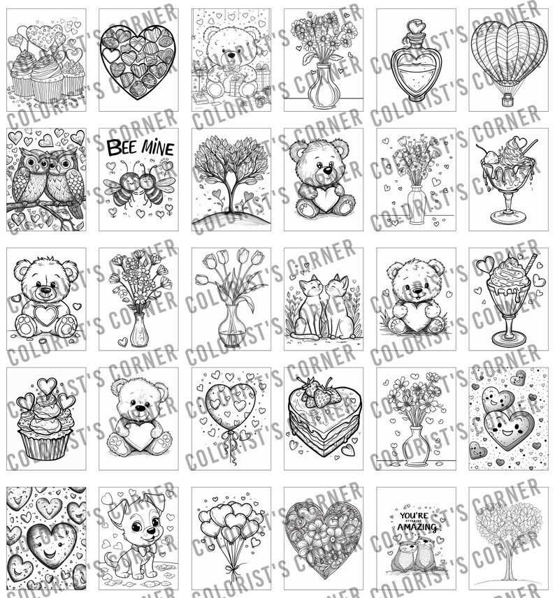 Op de afbeelding: Een verzameling zwart-wit kleurplaten met verschillende Valentijnsdag- en liefdesthema-illustraties. Ontwerpen omvatten harten, teddyberen, bloemen, cupcakes en de tekst "BEE MINE" en "YOU'RE AMAZING".