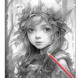 26 Pages Cute Forest Girls Coloring Book Adult Coloring Pages, Instant Download, Grayscale Coloring Book, Printable PDF File image 10