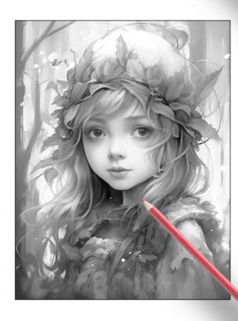 26 Pages Cute Forest Girls Coloring Book Adult Coloring Pages, Instant Download, Grayscale Coloring Book, Printable PDF File image 10