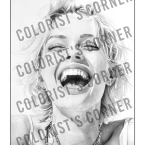 May include: A black and white pencil drawing of a woman laughing with her mouth open and eyes closed. Her hair is styled in a messy bun and she is wearing a necklace.