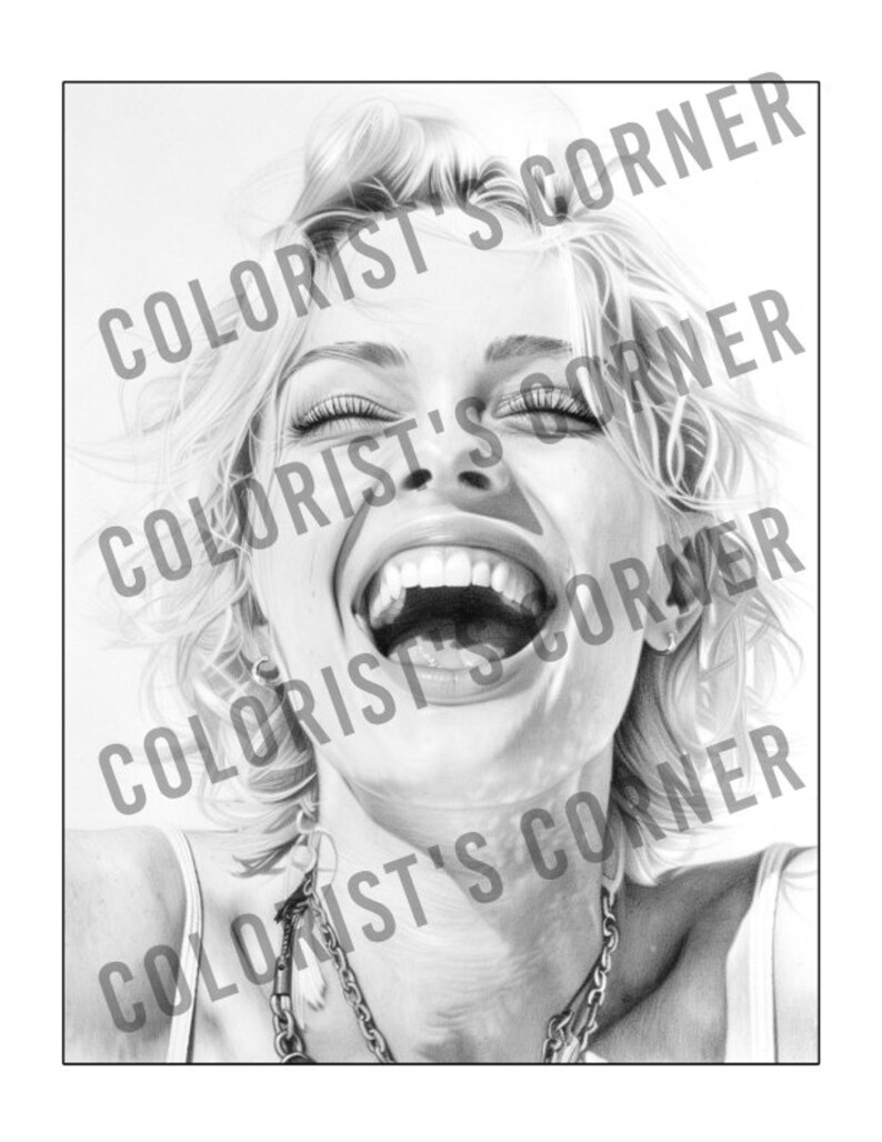 May include: A black and white pencil drawing of a woman laughing with her mouth open and eyes closed. Her hair is styled in a messy bun and she is wearing a necklace.