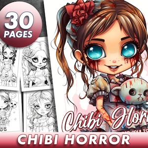 30 Pages Chibi Horror Girls Coloring Book Adult Coloring Pages, Cute Goth Halloween Coloring Book Instant Download,  Printable PDF File