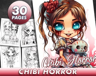 30 Pages Chibi Horror Girls Coloring Book Adult Coloring Pages, Cute Goth Halloween Coloring Book Instant Download,  Printable PDF File