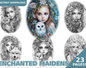 23 Enchanted Maidens Coloring Book - Adult Coloring Pages, Kids Coloring Book, Instant Download, Grayscale Coloring Book, Printable PDF File