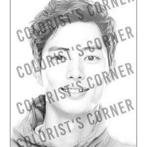 May include: A black and white pencil drawing of a person with short, dark hair. The person is smiling and wearing a hooded sweatshirt.