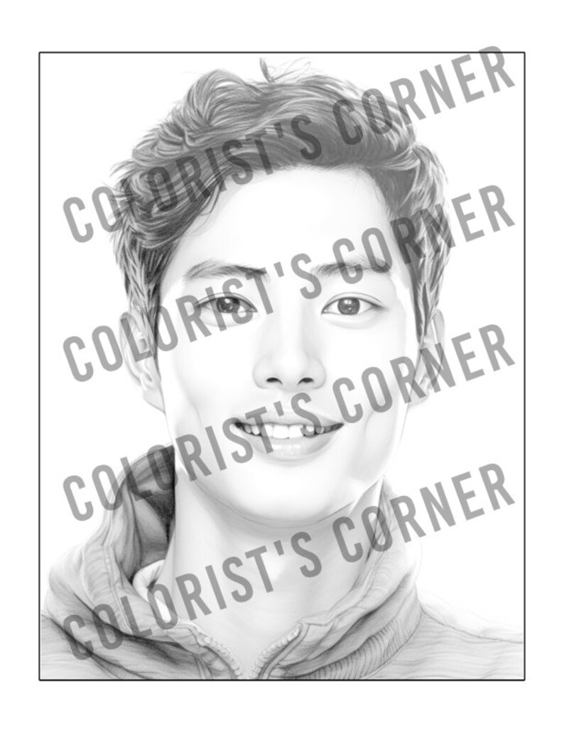 May include: A black and white pencil drawing of a person with short, dark hair. The person is smiling and wearing a hooded sweatshirt.