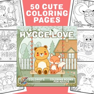 Op de afbeelding: Een kleurboekomslag met de titel "Hygge Love" en een ondertitel "Colorist's Corner Kleurboeken voor volwassenen". De omslag toont een zwart-witte illustratie van een beer en een vos die op een schommel zitten voor een huis.