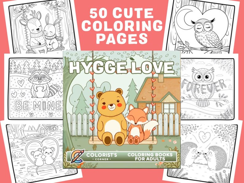 Op de afbeelding: Een kleurboekomslag met de titel "Hygge Love" en een ondertitel "Colorist's Corner Kleurboeken voor volwassenen". De omslag toont een zwart-witte illustratie van een beer en een vos die op een schommel zitten voor een huis.