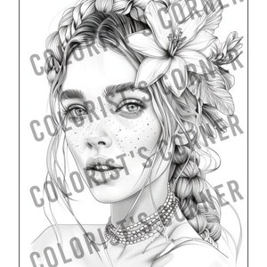 May include: A black and white line drawing of a woman with a flower crown and braids. She has freckles and is wearing a necklace.