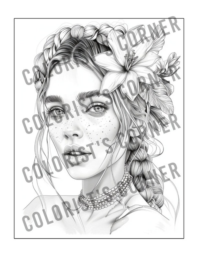 May include: A black and white line drawing of a woman with a flower crown and braids. She has freckles and is wearing a necklace.
