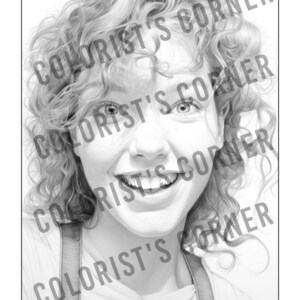 May include: A black and white pencil drawing of a young person with curly hair smiling. The person is wearing a white shirt and a strap over their shoulder.