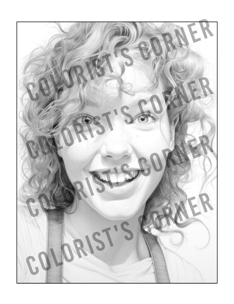 May include: A black and white pencil drawing of a young person with curly hair smiling. The person is wearing a white shirt and a strap over their shoulder.