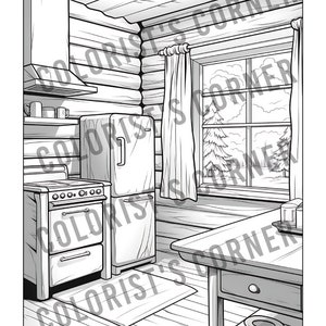 May include: Black and white illustration of a kitchen in a log cabin. The kitchen features a vintage stove, refrigerator, and a table with a drawer. A window with a view of a forest is visible in the background.