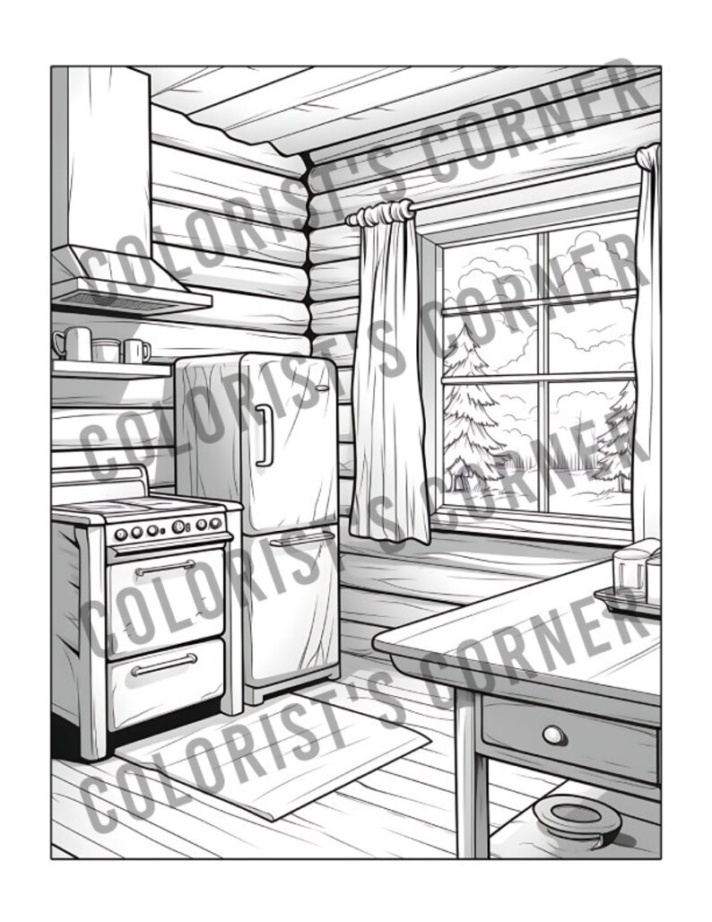 May include: Black and white illustration of a kitchen in a log cabin. The kitchen features a vintage stove, refrigerator, and a table with a drawer. A window with a view of a forest is visible in the background.
