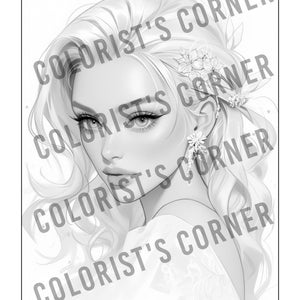 Peut inclure: Une illustration en noir et blanc d'une femme aux cheveux longs et flottants. Elle porte une robe blanche et a des fleurs dans les cheveux. L'image est intitul&eacute;e "Colorist's Corner".