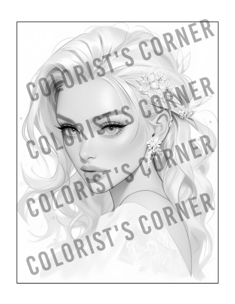 Peut inclure: Une illustration en noir et blanc d'une femme aux cheveux longs et flottants. Elle porte une robe blanche et a des fleurs dans les cheveux. L'image est intitul&eacute;e "Colorist's Corner".
