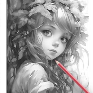 26 Pages Cute Forest Girls Coloring Book Adult Coloring Pages, Instant Download, Grayscale Coloring Book, Printable PDF File image 5