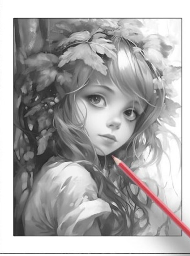 26 Pages Cute Forest Girls Coloring Book Adult Coloring Pages, Instant Download, Grayscale Coloring Book, Printable PDF File image 5