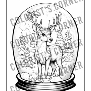 May include: A black and white line drawing of a deer inside a snow globe. The deer is standing in a snowy forest with pine trees. The snow globe is on a base with a decorative rim.