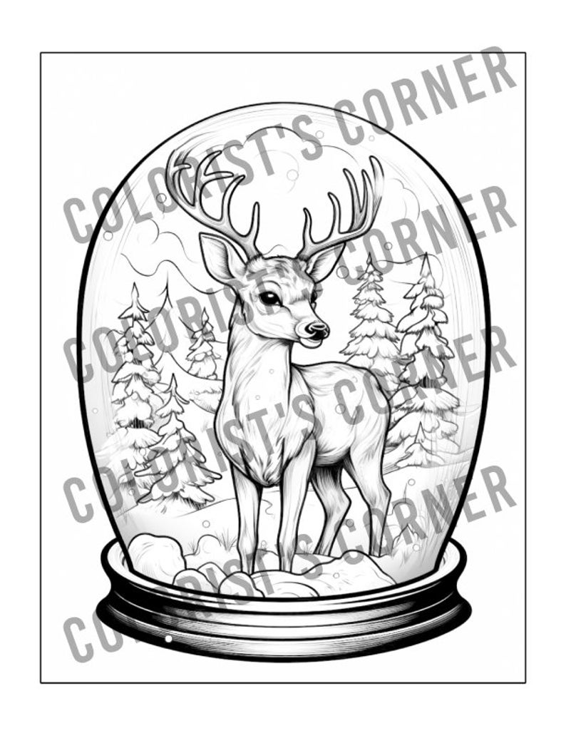 May include: A black and white line drawing of a deer inside a snow globe. The deer is standing in a snowy forest with pine trees. The snow globe is on a base with a decorative rim.