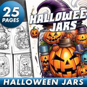 25 Pages Halloween Jars Coloring Book Halloween Adult Coloring Pages, Instant Download, Grayscale Coloring Book, Printable PDF File
