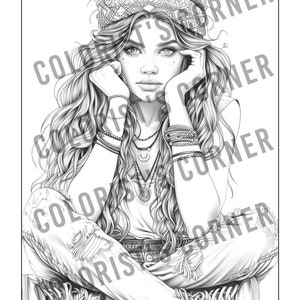 May include: A black and white illustration of a woman with long, wavy hair wearing a headband, a necklace, bracelets, and ripped jeans. She is sitting with her arms crossed and looking at the viewer.