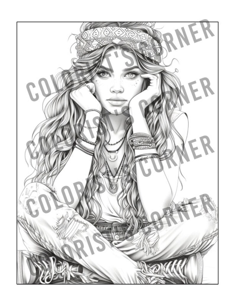 May include: A black and white illustration of a woman with long, wavy hair wearing a headband, a necklace, bracelets, and ripped jeans. She is sitting with her arms crossed and looking at the viewer.