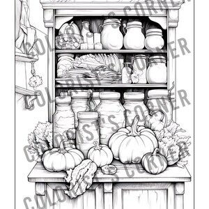 May include: A black and white illustration of a vintage wooden cabinet with shelves filled with jars and other items. The cabinet is sitting on a table with several pumpkins and gourds in front of it.